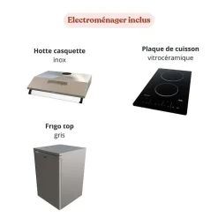 Kitchenette K01 - 120 cm - façades Bois - Plan monobloc en quartz coloris Cromo évier à droite - Electroménager Inox