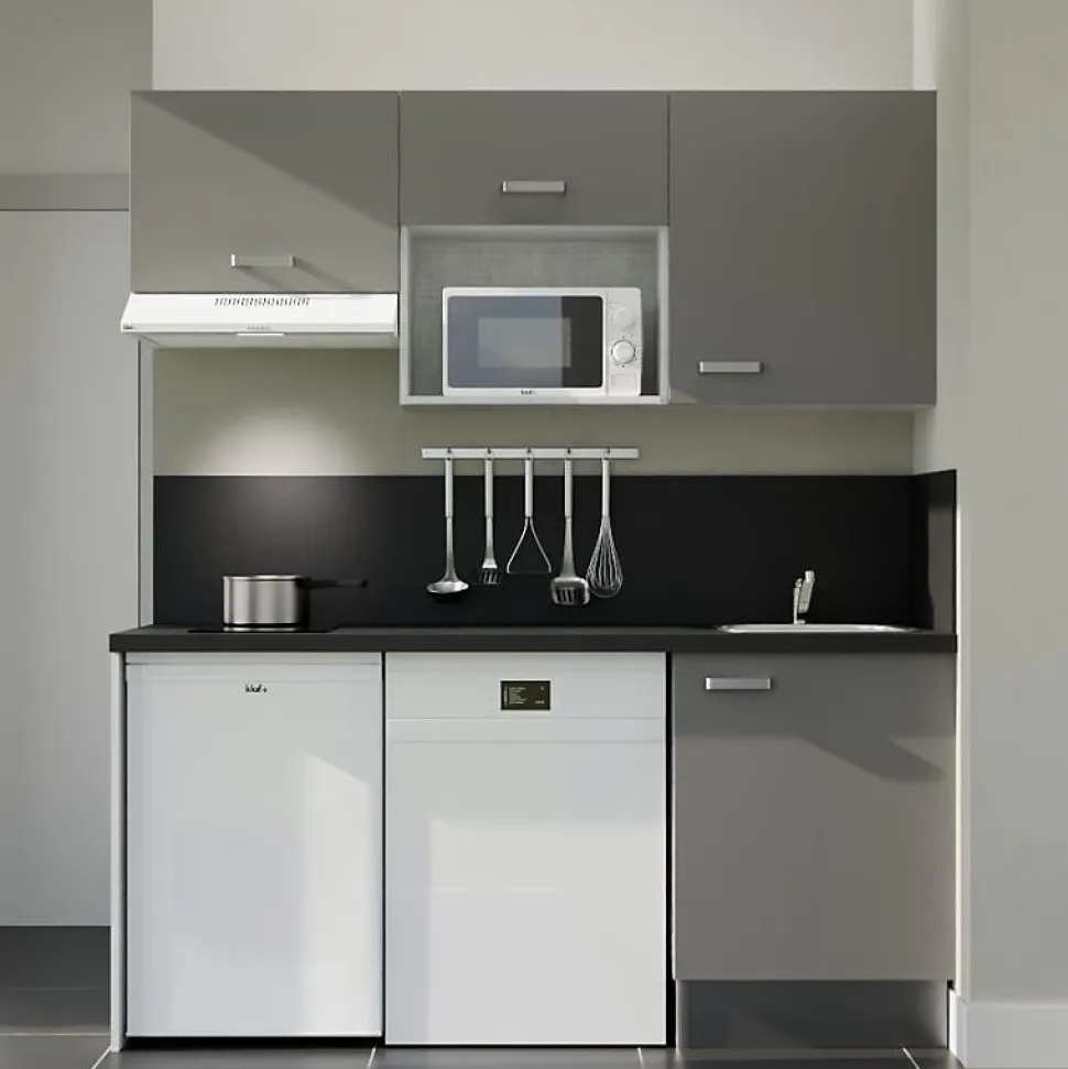 Kitchenette K55 - 180 cm - Façades : Gris - Plan de travail : Noir - Crédences : Oui - Evier