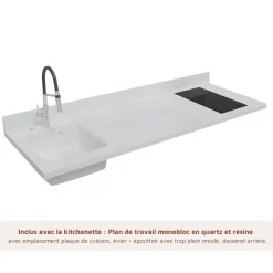 Kitchenette K55 - 180 cm - façades Bois - Plan monobloc en quartz coloris Snova évier à gauche