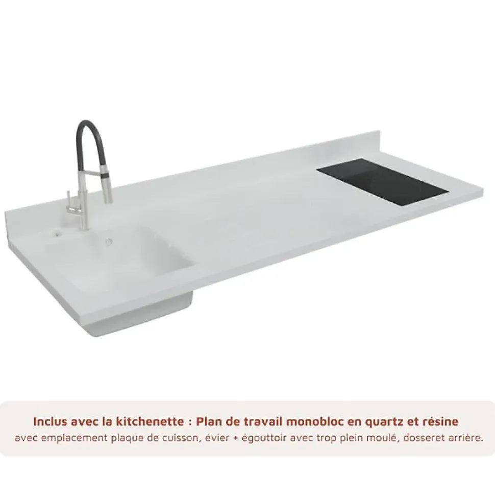 Kitchenette K55 - 180 cm - façades Bois - Plan monobloc en quartz coloris Snova évier à gauche
