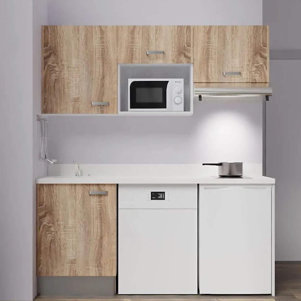 Kitchenette K55 - 180 cm - façades Bois - Plan monobloc en quartz coloris Snova évier à gauche