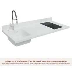 Kitchenette K17 - 140 cm - façades Blanc - Plan monobloc en quartz coloris Snova évier à gauche