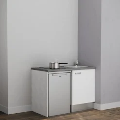 Kitchenette K08 - 120 cm - Façades : Blanc - Plan de travail : Gris béton - Crédences : Non - Evier Inox