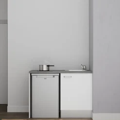 Kitchenette K08 - 120 cm - Façades : Blanc - Plan de travail : Gris béton - Crédences : Non - Evier Inox