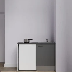 Kitchenette K08 - 120 cm - Façades : Gris - Plan de travail : Noir texturé - Crédences : Non - Evier Gris