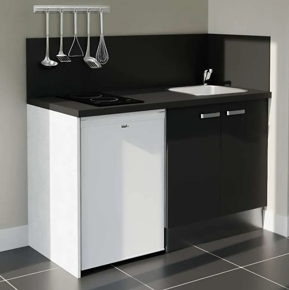 Kitchenette K17 - 140 cm - Façades : Noir - Plan de travail : Noir - Crédences : Oui - Evier