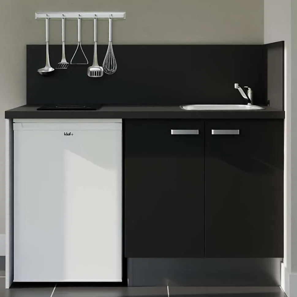 Kitchenette K17 - 140 cm - Façades : Noir - Plan de travail : Noir - Crédences : Oui - Evier