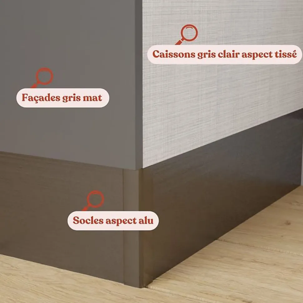 Kitchenette K01 - 120 cm - façades Gris - Plan monobloc en quartz coloris Nero évier à droite