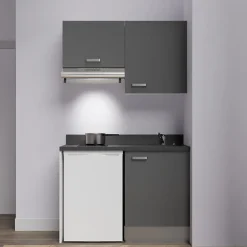 Kitchenette K01 - 120 cm - façades Gris - Plan monobloc en quartz coloris Nero évier à droite