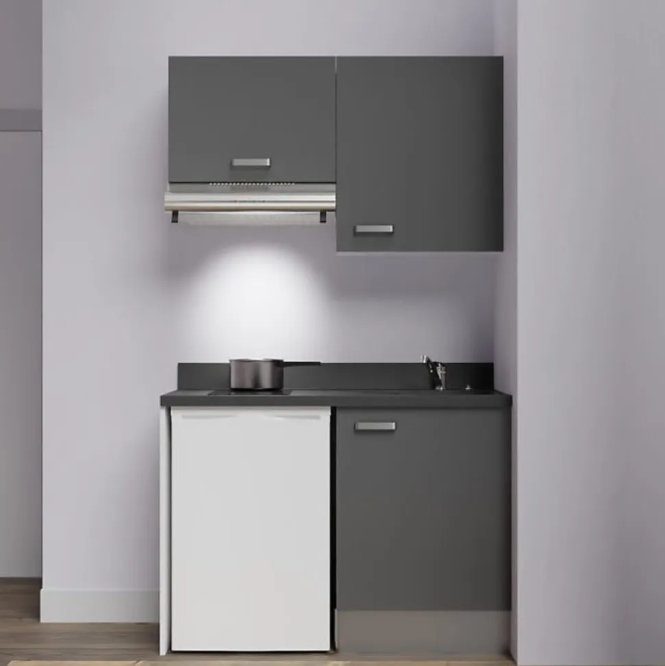 Kitchenette K01 - 120 cm - façades Gris - Plan monobloc en quartz coloris Nero évier à droite
