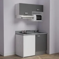 Kitchenette K02 - 120 cm - façades Gris - Plan monobloc en quartz coloris Cromo évier à droite