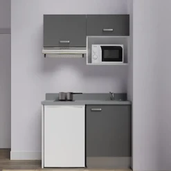 Kitchenette K02 - 120 cm - façades Gris - Plan monobloc en quartz coloris Cromo évier à droite