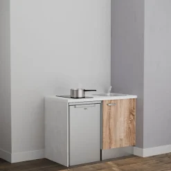Kitchenette K08 - 120 cm - Façades : Bois - Plan de travail : Blanc - Crédences : Non - Evier Inox