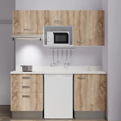 Kitchenette K20 - 180 cm - façades Bois - Plan monobloc en quartz coloris Snova évier à droite
