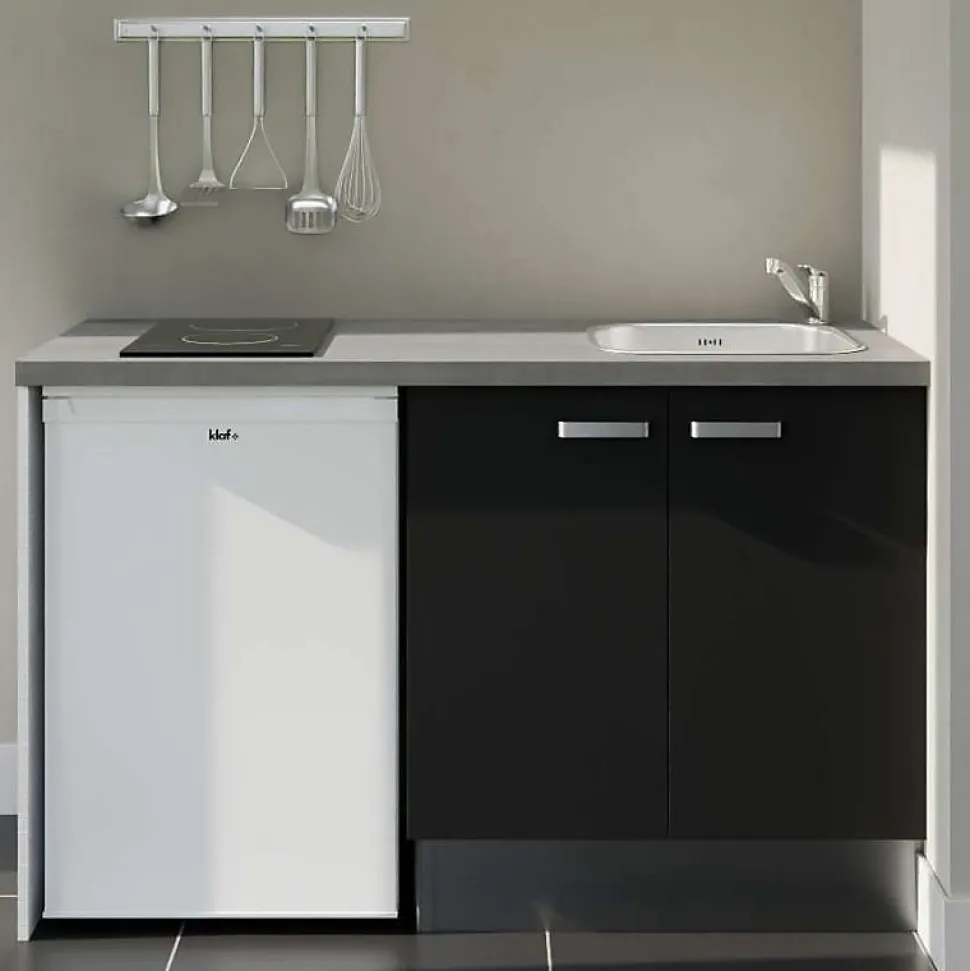 Kitchenette K17 - 140 cm - Façades : Noir - Plan de travail : Gris - Crédences : Non - Evier
