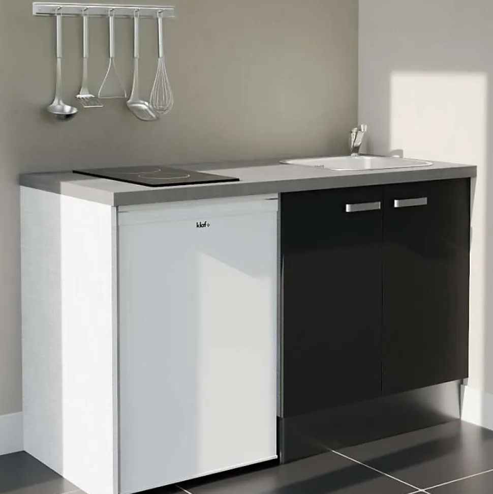 Kitchenette K17 - 140 cm - Façades : Noir - Plan de travail : Gris - Crédences : Non - Evier