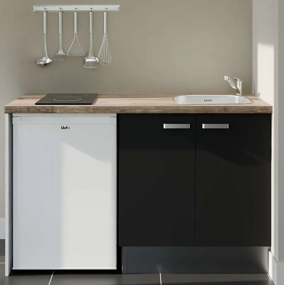 Kitchenette K17 - 140 cm - Façades : Noir - Plan de travail : Bois - Crédences : Non - Evier