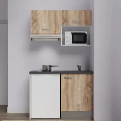 Kitchenette K02 - 120 cm - Façades : Bois - Plan de travail : Noir texturé - Crédences : Non - Evier Noir
