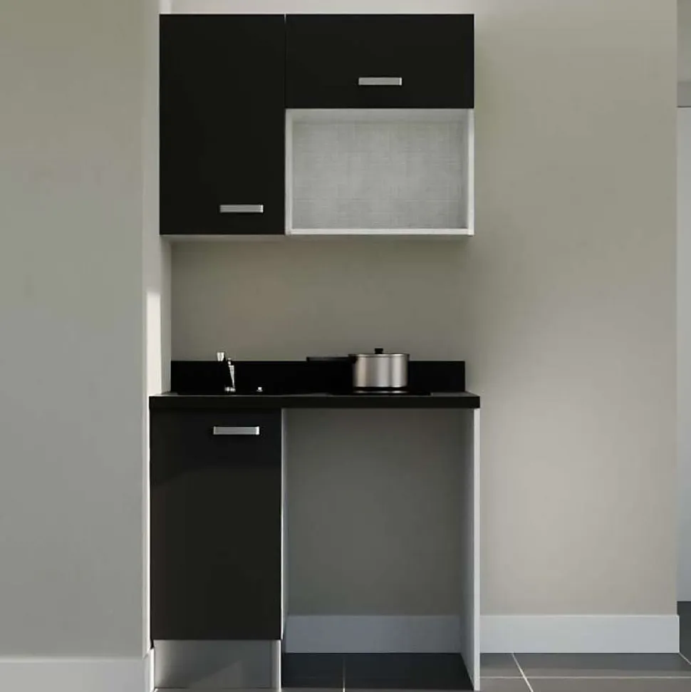 Kitchenette K00 - 100 cm - façades Noir - Plan monobloc en quartz coloris Nero évier à gauche