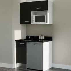 Kitchenette K00 - 100 cm - façades Noir - Plan monobloc en quartz coloris Nero évier à gauche