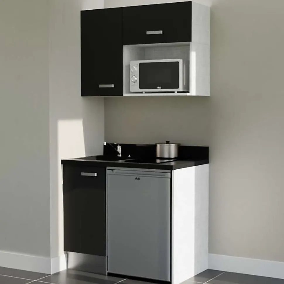 Kitchenette K00 - 100 cm - façades Noir - Plan monobloc en quartz coloris Nero évier à gauche