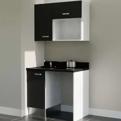 Kitchenette K00 - 100 cm - façades Noir - Plan monobloc en quartz coloris Nero évier à gauche