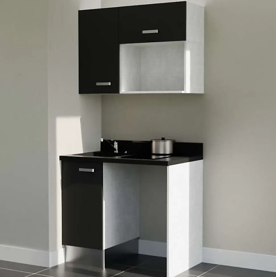 Kitchenette K00 - 100 cm - façades Noir - Plan monobloc en quartz coloris Nero évier à gauche