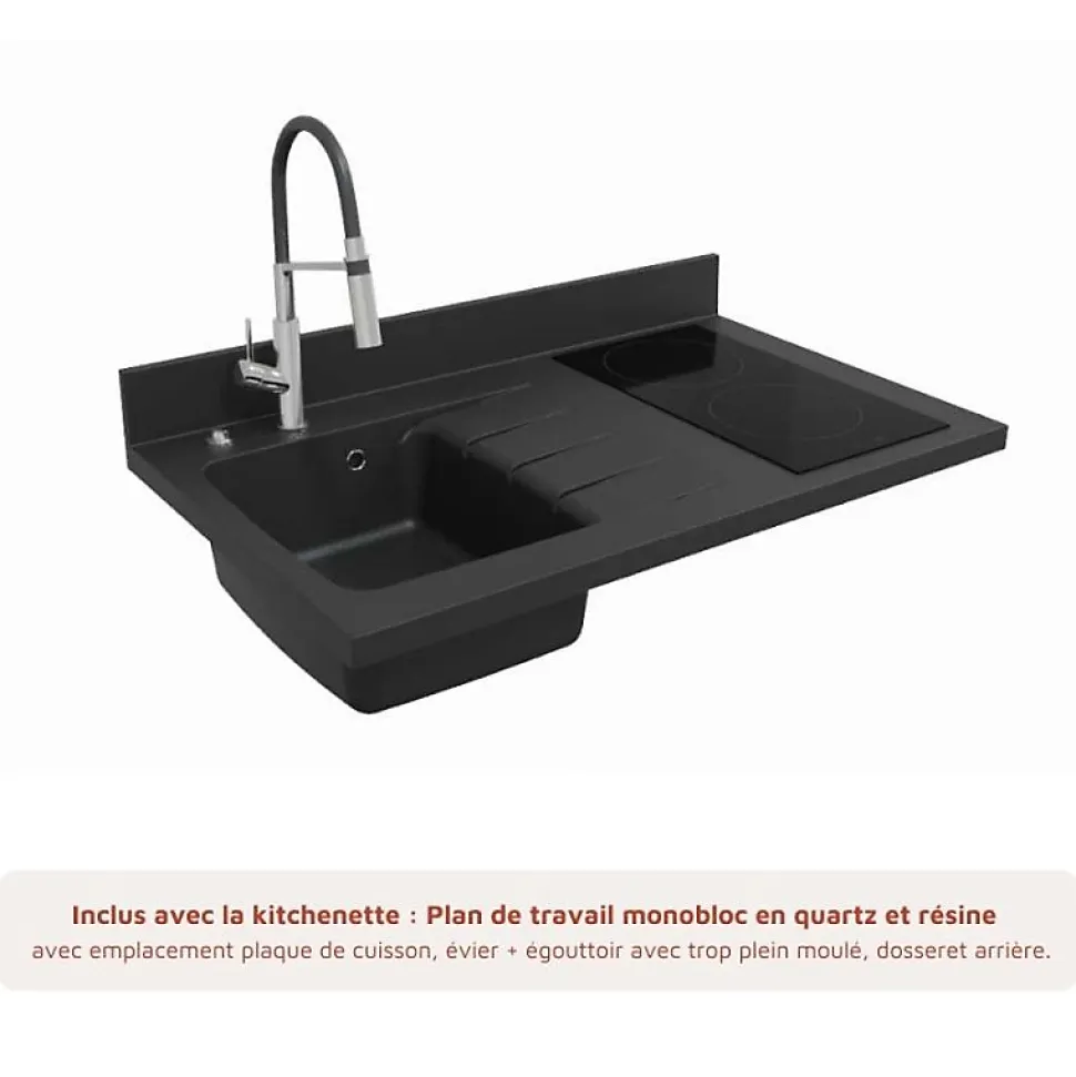 Kitchenette K00 - 100 cm - façades Noir - Plan monobloc en quartz coloris Nero évier à gauche