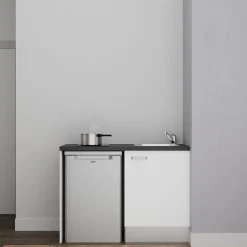 Kitchenette K08 - 120 cm - Façades : Blanc - Plan de travail : Noir texturé - Crédences : Non - Evier Inox