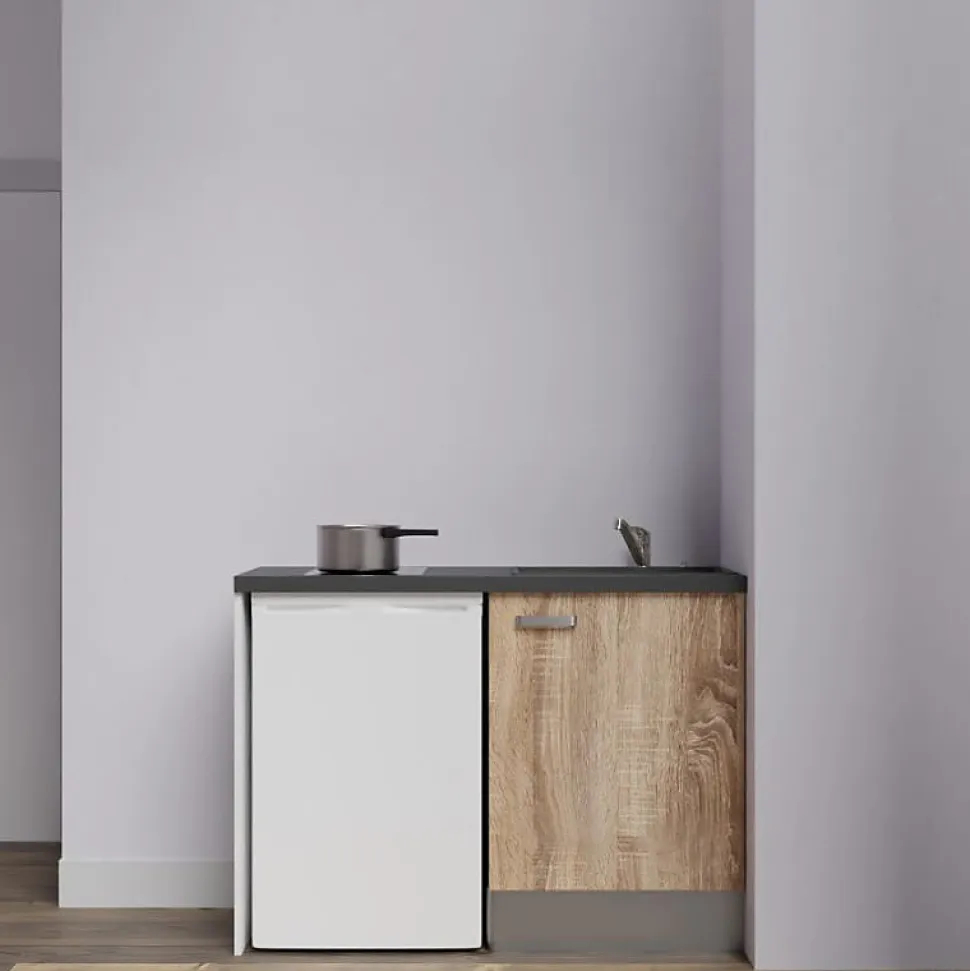 Kitchenette K08 - 120 cm - Façades : Bois - Plan de travail : Noir texturé - Crédences : Non - Evier Noir