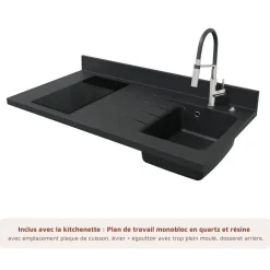 Kitchenette K02 - 120 cm - façades Bois - Plan monobloc en quartz coloris Nero évier à droite