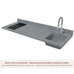 Kitchenette K30 - 180 cm - façades Noir - Plan monobloc en quartz coloris Cromo évier à droite