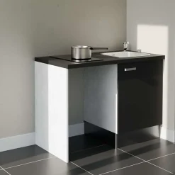 Kitchenette K08 - 120 cm - Façades : Noir - Plan de travail : Noir texturé - Crédences : Non - Evier Inox