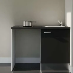 Kitchenette K08 - 120 cm - Façades : Noir - Plan de travail : Noir texturé - Crédences : Non - Evier Inox