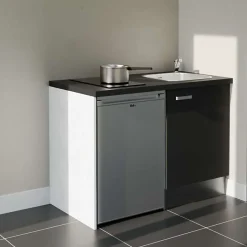 Kitchenette K08 - 120 cm - Façades : Noir - Plan de travail : Noir texturé - Crédences : Non - Evier Inox