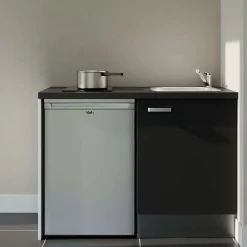 Kitchenette K08 - 120 cm - Façades : Noir - Plan de travail : Noir texturé - Crédences : Non - Evier Inox