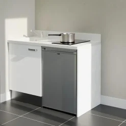 Kitchenette K08 - 120 cm - façades Blanc - Plan monobloc en quartz coloris Snova évier à gauche - Electroménager Inox