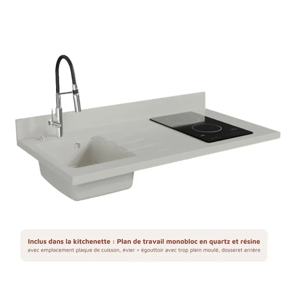 Kitchenette K08 - 120 cm - façades Blanc - Plan monobloc en quartz coloris Snova évier à gauche - Electroménager Inox