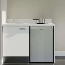 Kitchenette K08 - 120 cm - façades Blanc - Plan monobloc en quartz coloris Snova évier à gauche - Electroménager Inox