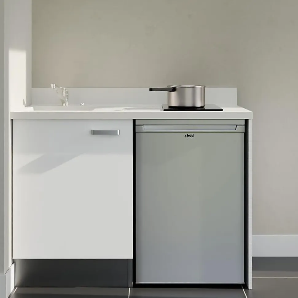 Kitchenette K08 - 120 cm - façades Blanc - Plan monobloc en quartz coloris Snova évier à gauche - Electroménager Inox