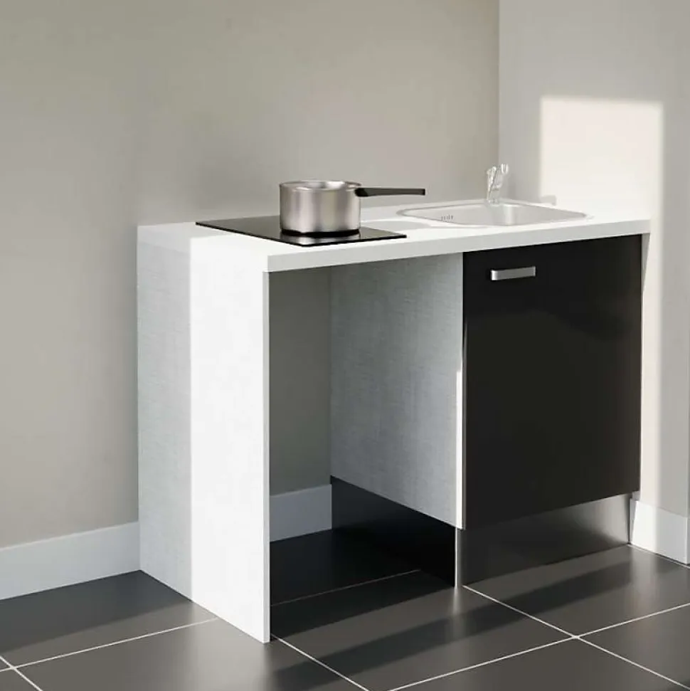 Kitchenette K08 - 120 cm - Façades : Noir - Plan de travail : Blanc - Crédences : Non - Evier Inox