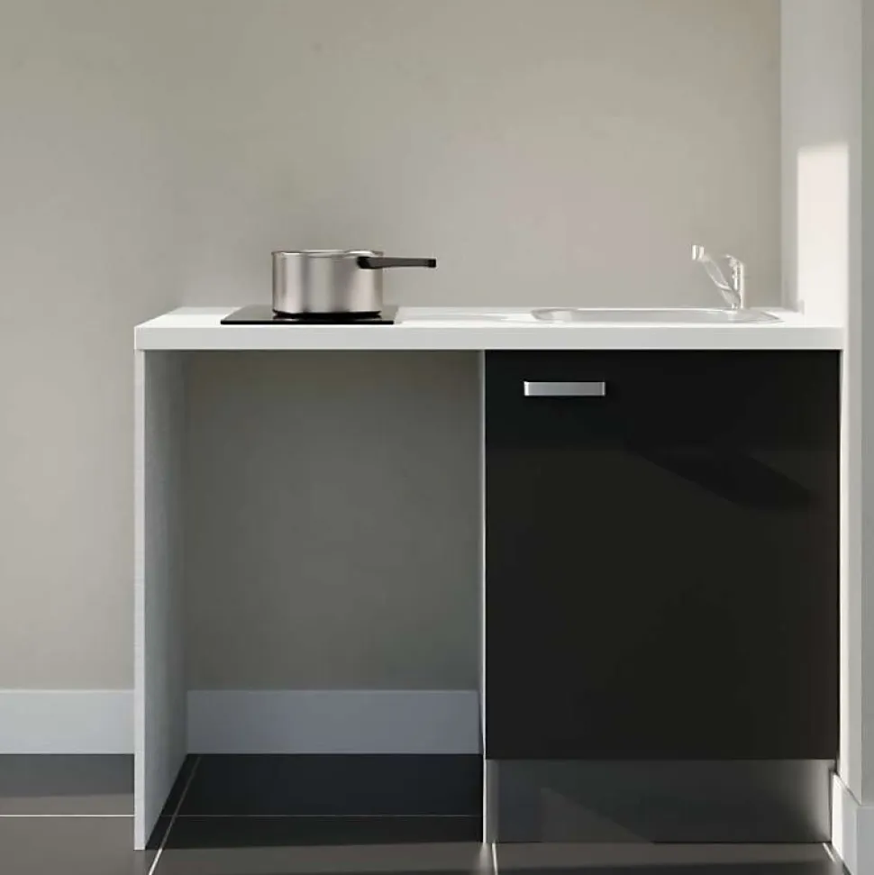 Kitchenette K08 - 120 cm - Façades : Noir - Plan de travail : Blanc - Crédences : Non - Evier Inox