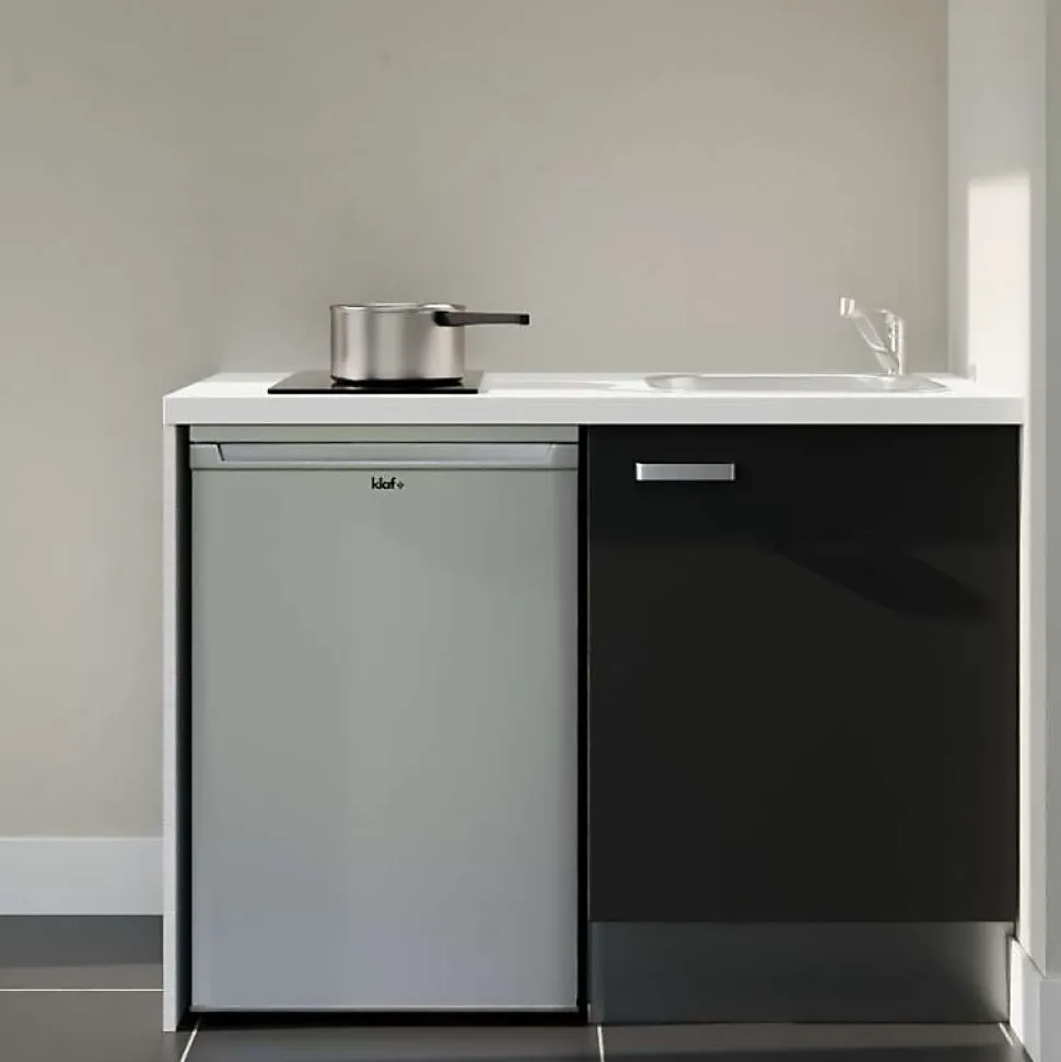 Kitchenette K08 - 120 cm - Façades : Noir - Plan de travail : Blanc - Crédences : Non - Evier Inox