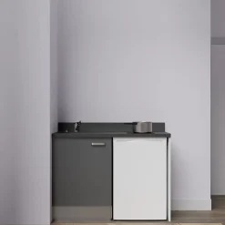Kitchenette K08 - 120 cm - façades Gris - Plan monobloc en quartz coloris Nero évier à gauche
