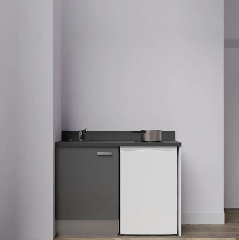 Kitchenette K08 - 120 cm - façades Gris - Plan monobloc en quartz coloris Nero évier à gauche