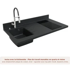 Kitchenette K08 - 120 cm - façades Gris - Plan monobloc en quartz coloris Nero évier à gauche
