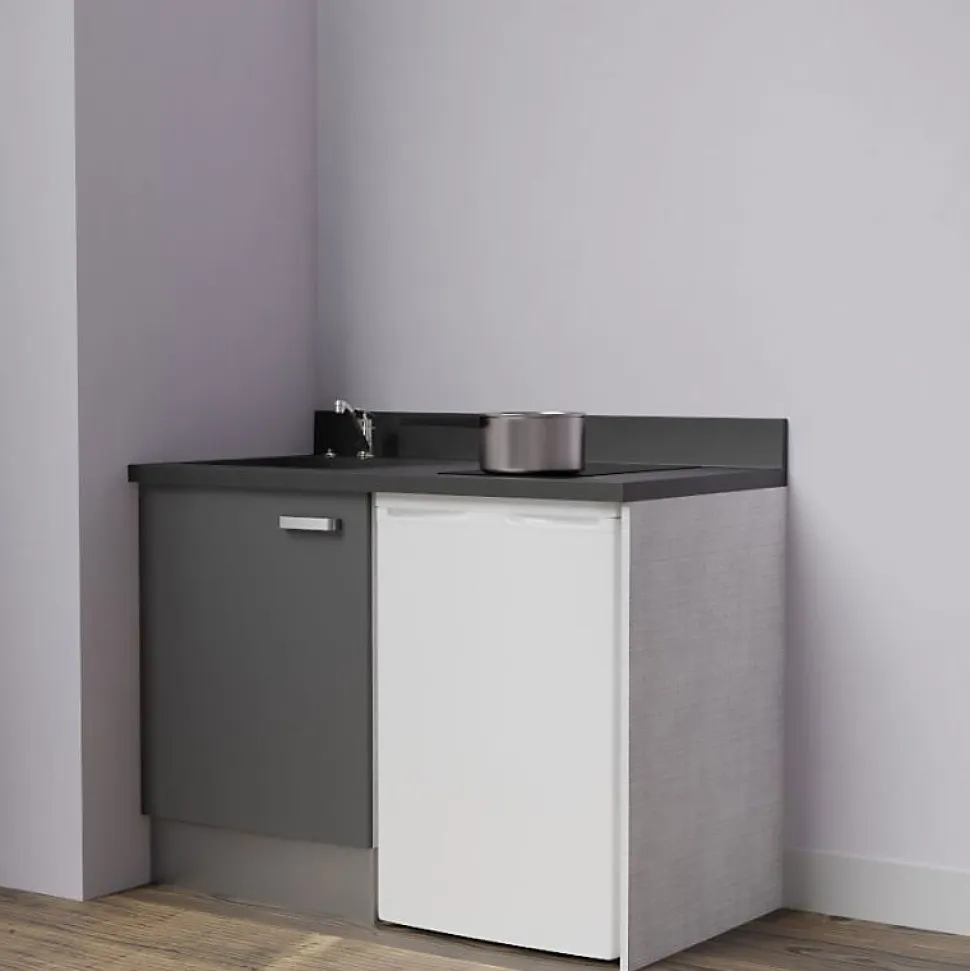Kitchenette K08 - 120 cm - façades Gris - Plan monobloc en quartz coloris Nero évier à gauche