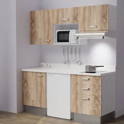 Kitchenette K20 - 180 cm - façades Bois - Plan monobloc en quartz coloris Snova évier à gauche