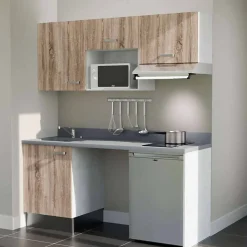 Kitchenette K55 - 180 cm - façades Bois - Plan monobloc en quartz coloris Cromo évier à gauche - Electroménager Inox