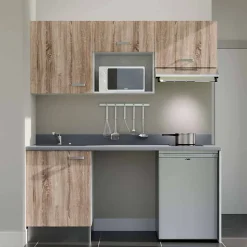 Kitchenette K55 - 180 cm - façades Bois - Plan monobloc en quartz coloris Cromo évier à gauche - Electroménager Inox
